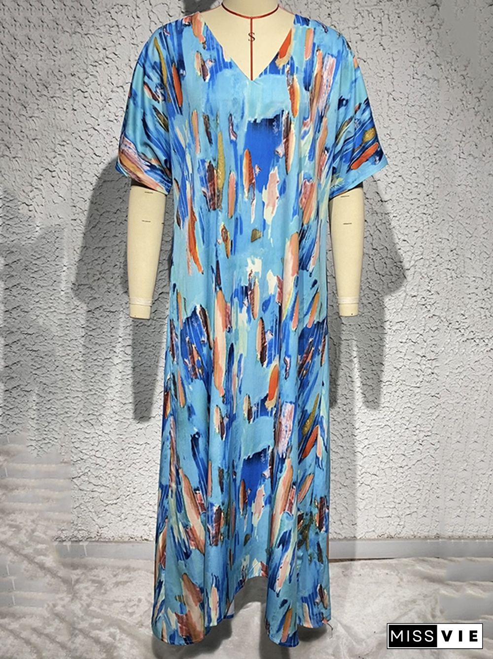 Loose Short Sleeves Multi-Colored Printed V-Neck Maxi Dresses