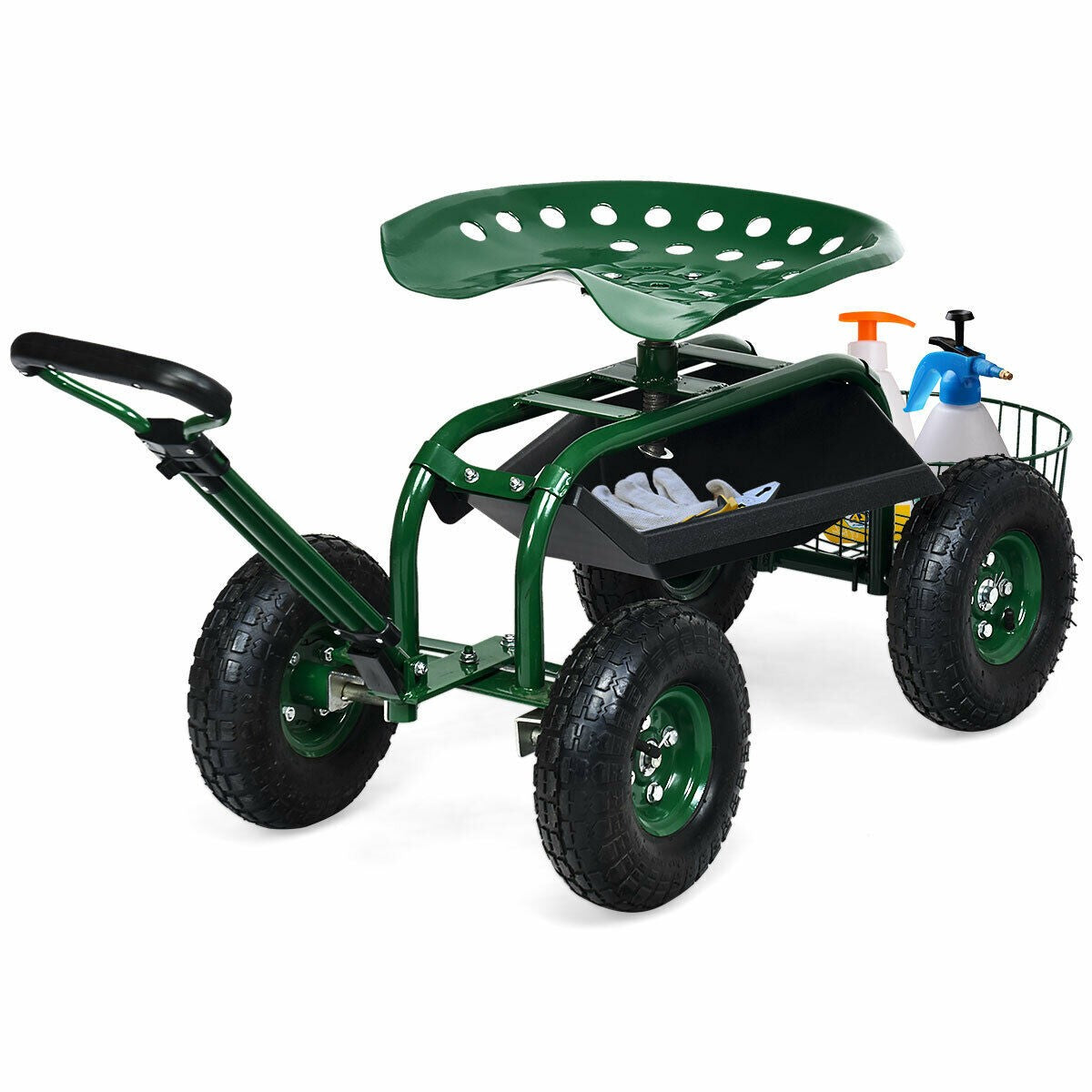 Heavy Duty Rolling Garden Cart with 360 Swivel Seat & Extendable Steer Handle