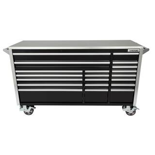 Husky 72 in. W x 24.6 in. D Professional Duty 20-Drawer Mobile Workbench Cabinet with Stainless Steel Top in Black HPRO72MWC20BLK