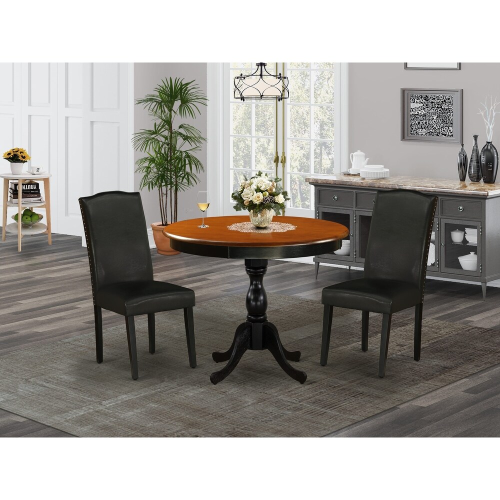 East West Furniture Kitchen Table Set Includes a Round Dining Table and Parson Chairs  Black   Cherry (Pieces Options Available)