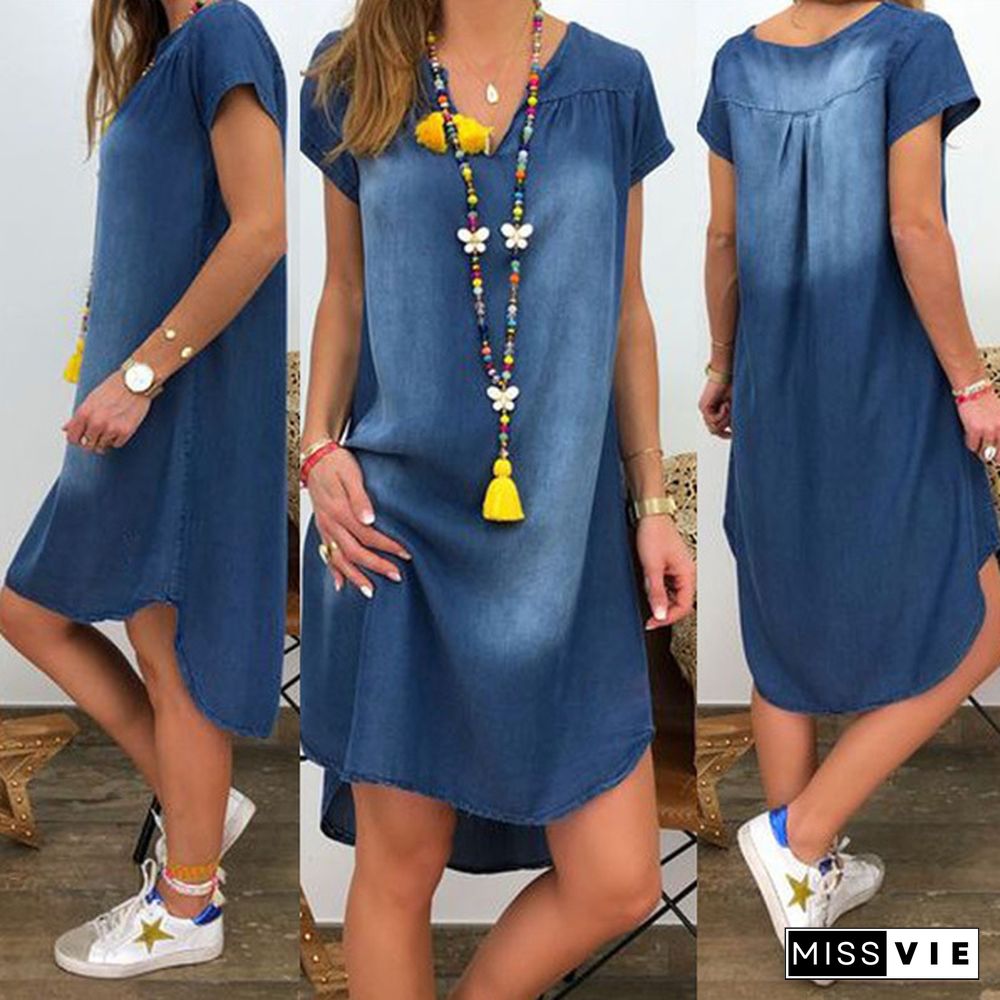 Women's V-neck Pullover Short Sleeve Loose Denim Dress