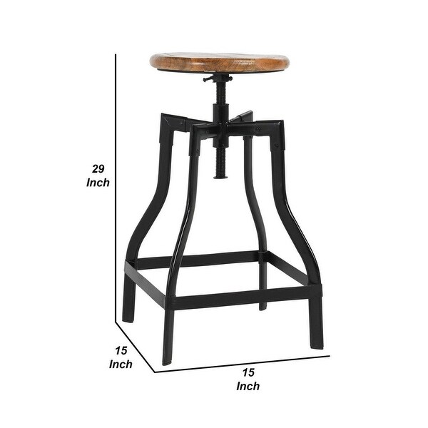 29 Inch Industrial Adjustable Barstool， Wood Seat， Set of 2， Honey Brown