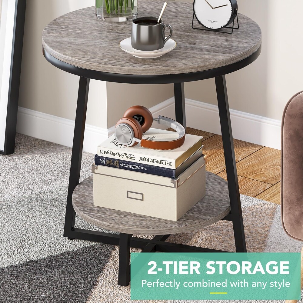 2 Tier Industrial Round Side End Table with Storage Living Room