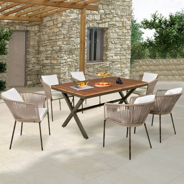 7Pieces Outdoor Dining Set with Chairs and Acacia Wood Tabletop，for Garden，Backyard，Patio