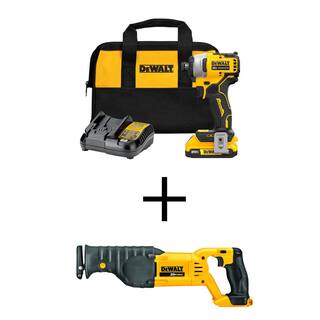 DW ATOMIC 20V MAX Lithium-Ion Brushless Cordless Compact 14 in. Impact Driver and Recip Saw w2Ah Battery Charger and Bag DCF809D1WCS380B