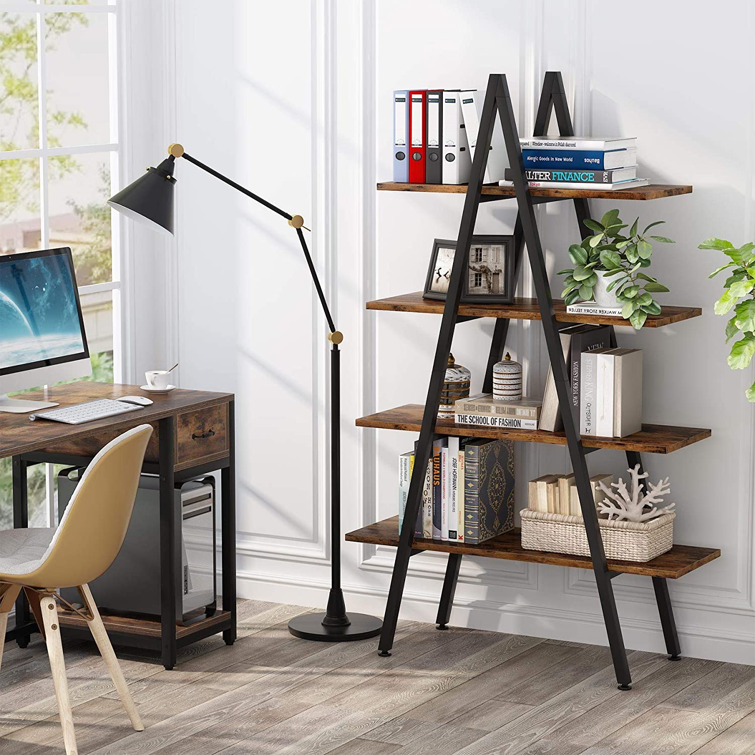 4-Tier Bookshelf, A-Shaped Bookcase Industrial Ladder Display Shelf