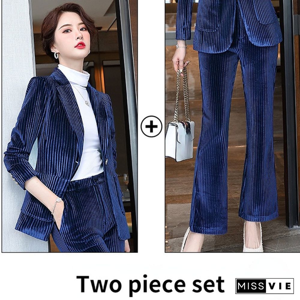 Women Flare Pants Trousers Bell-Bottoms Suit Set Velvet Blazer Jacket Striped Coat Office Outfits Business Formal