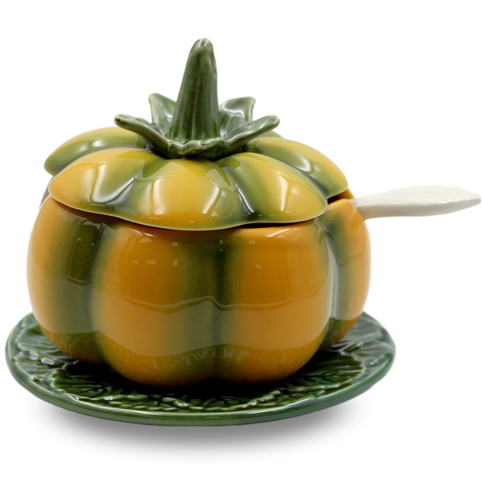 Hand-Painted Ceramic Pumpkin Sugar Bowl with Spoon， Lid， and Saucer