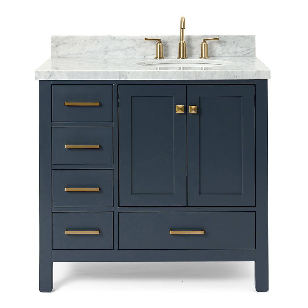 ARIEL Cambridge 37 in. W x 22 in. D Vanity in Midnight Blue with Marble Vanity Top in Carrara White with White Basin A037S-R-VO-MNB