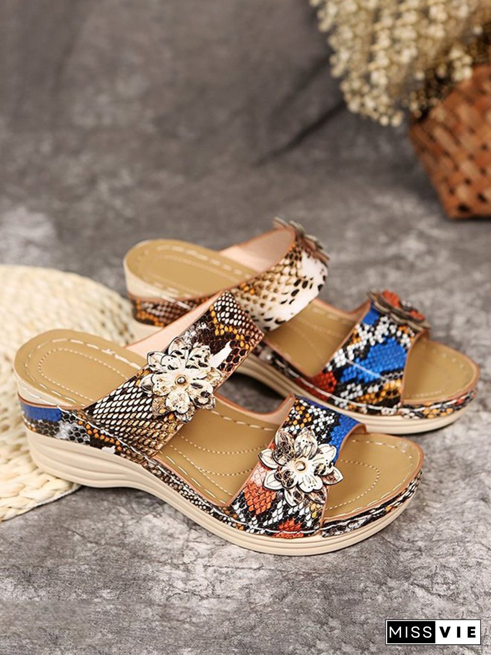 3D Floral Snake Print Wedge Sandals Slippers