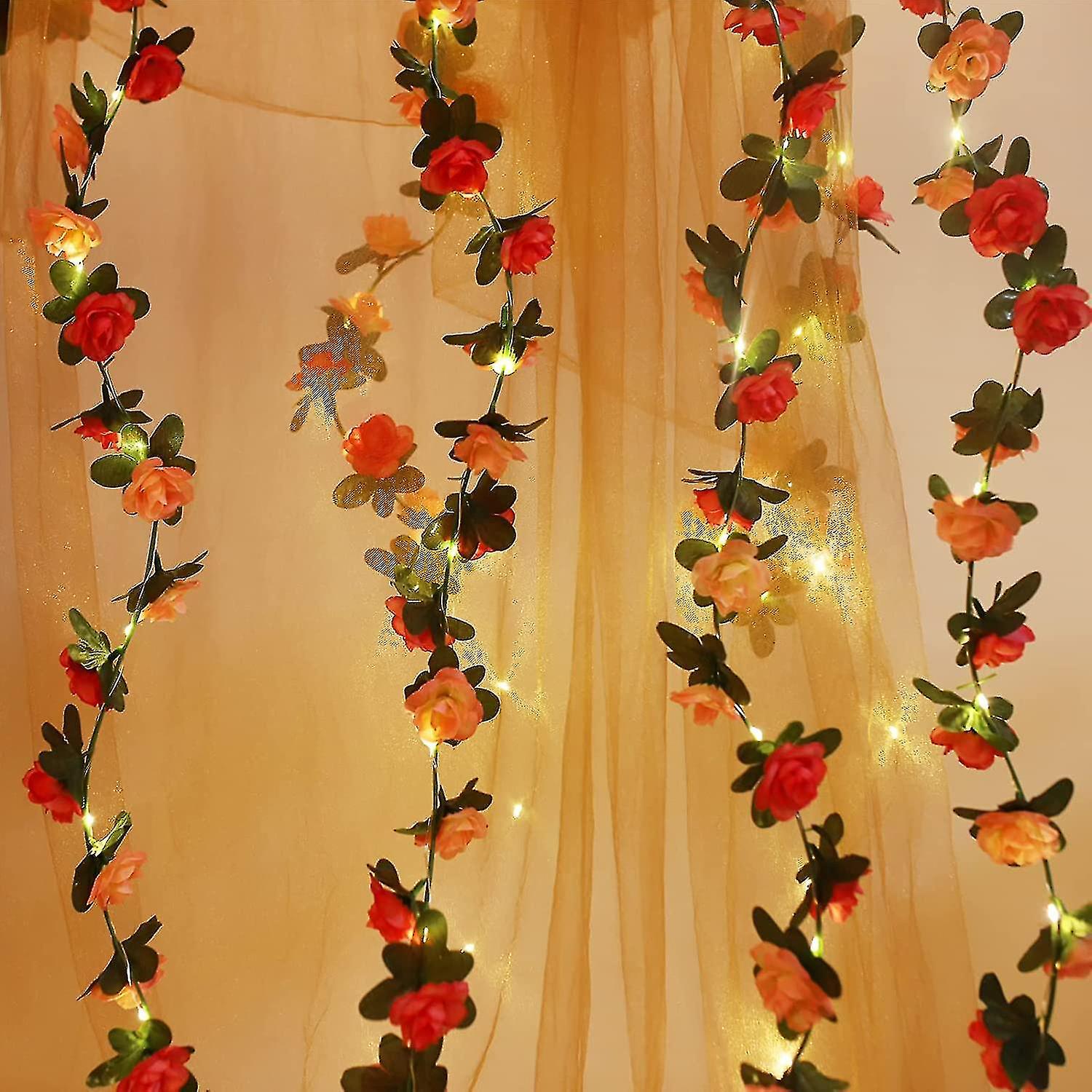 30led Artificial Flower Rose String Lights， 2.5m Battery Operated Rose Flower Garland Fairy Lights F