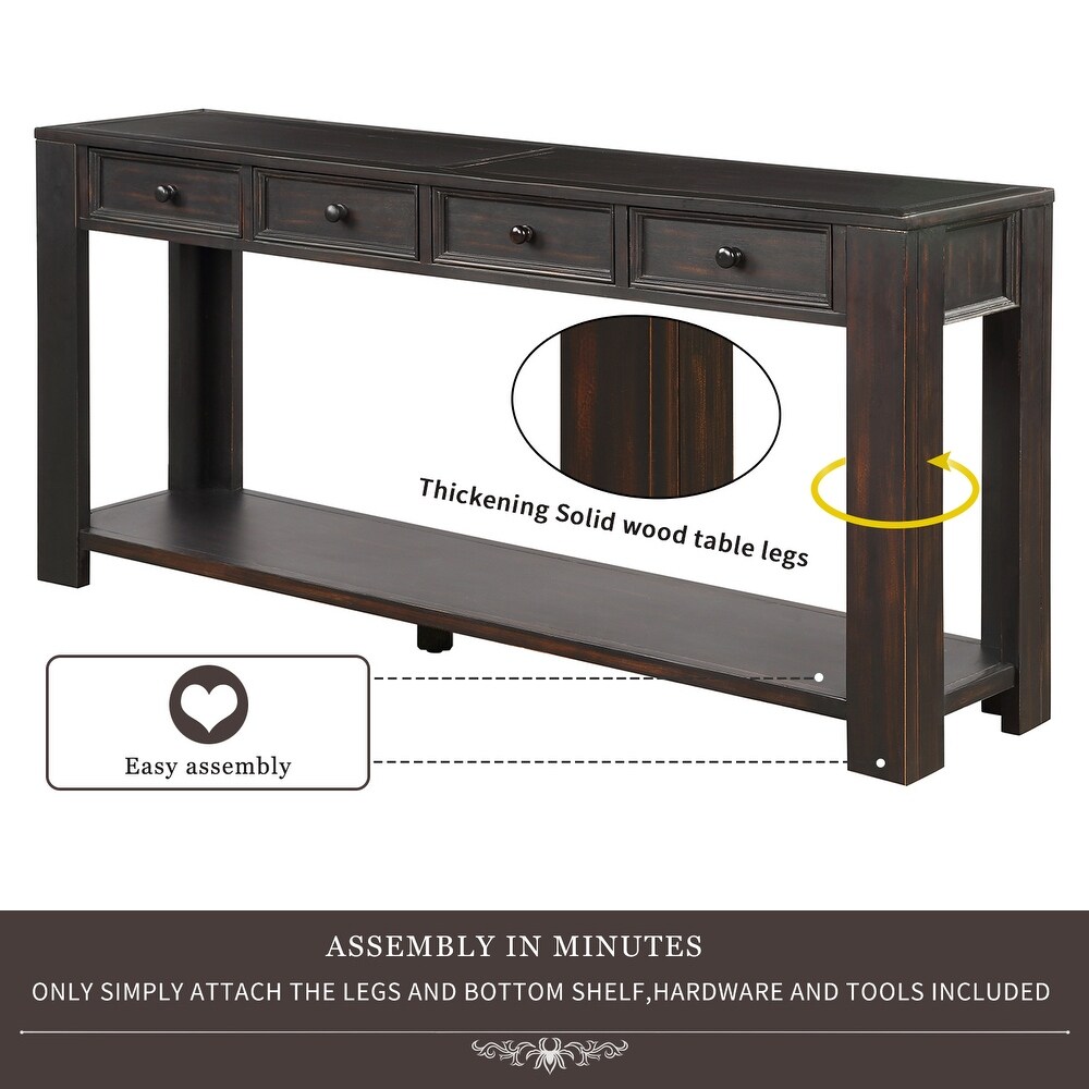 Rectangular Classic Accent Console Table for Entryway Hallway Sofa Table with 4 Storage Drawers and 1 Bottom Shelf