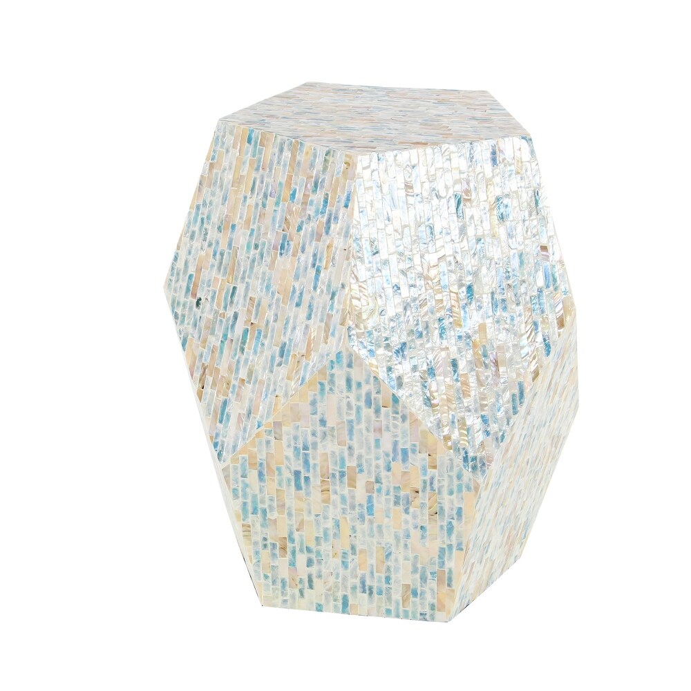 Cream or Blue Multi Color Shell Coastal Contemporary Accent Side Table   16 x 16 x 19