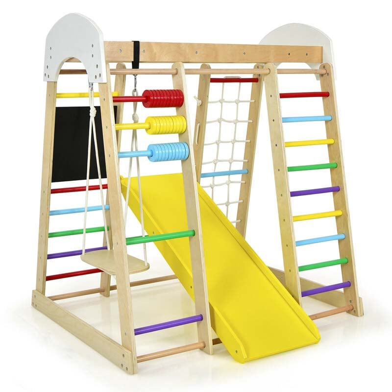 8-in-1 Wooden Climbing Toys for Toddlers, Kids Indoor Playground Jungle Gym Climber Playset with Slide