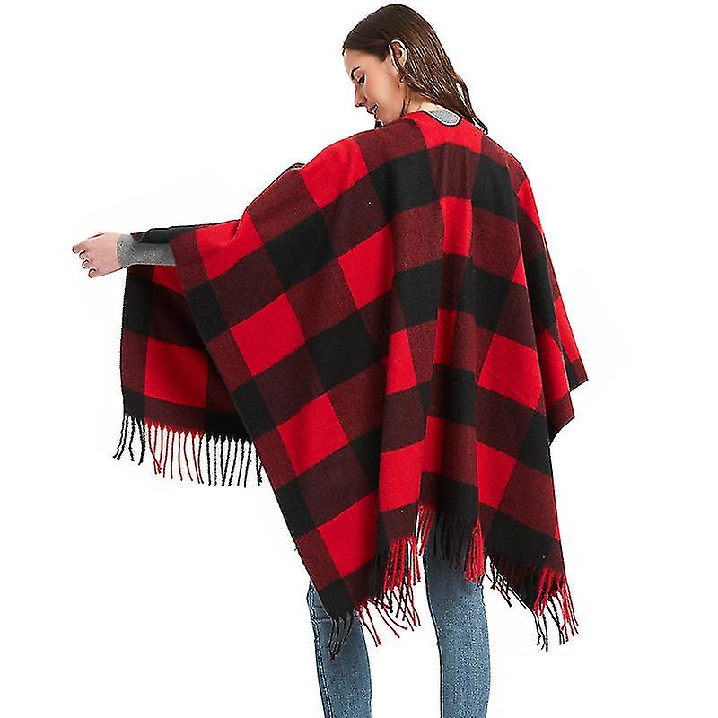 Women's Shawl Fashion Trend Plaid Soft Shawl Open Front Poncho Fringe Cape_a