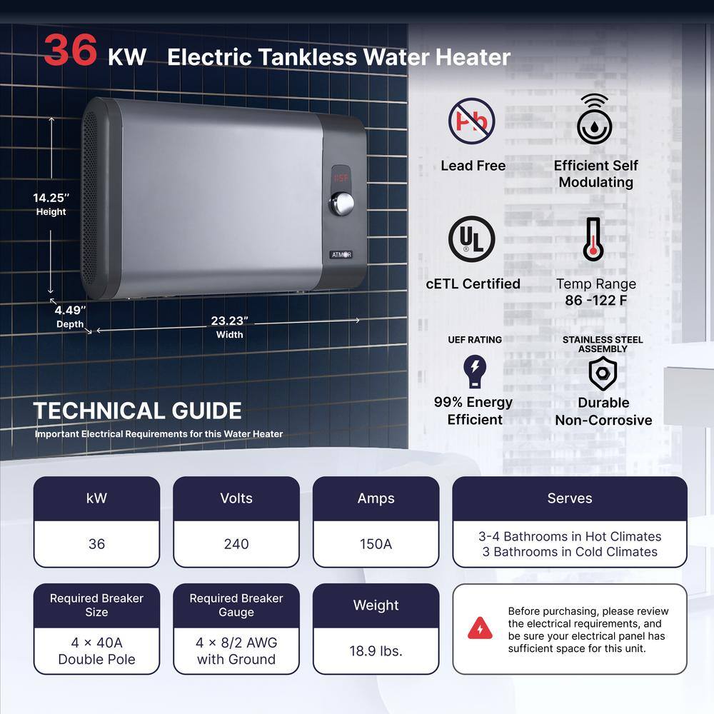 ATMOR 36kW 7.03 GPM Electric Tankless Water Heater Ideal for 4 Bedroom Home up to 8 Simultaneous Applications AT-36WH-HD