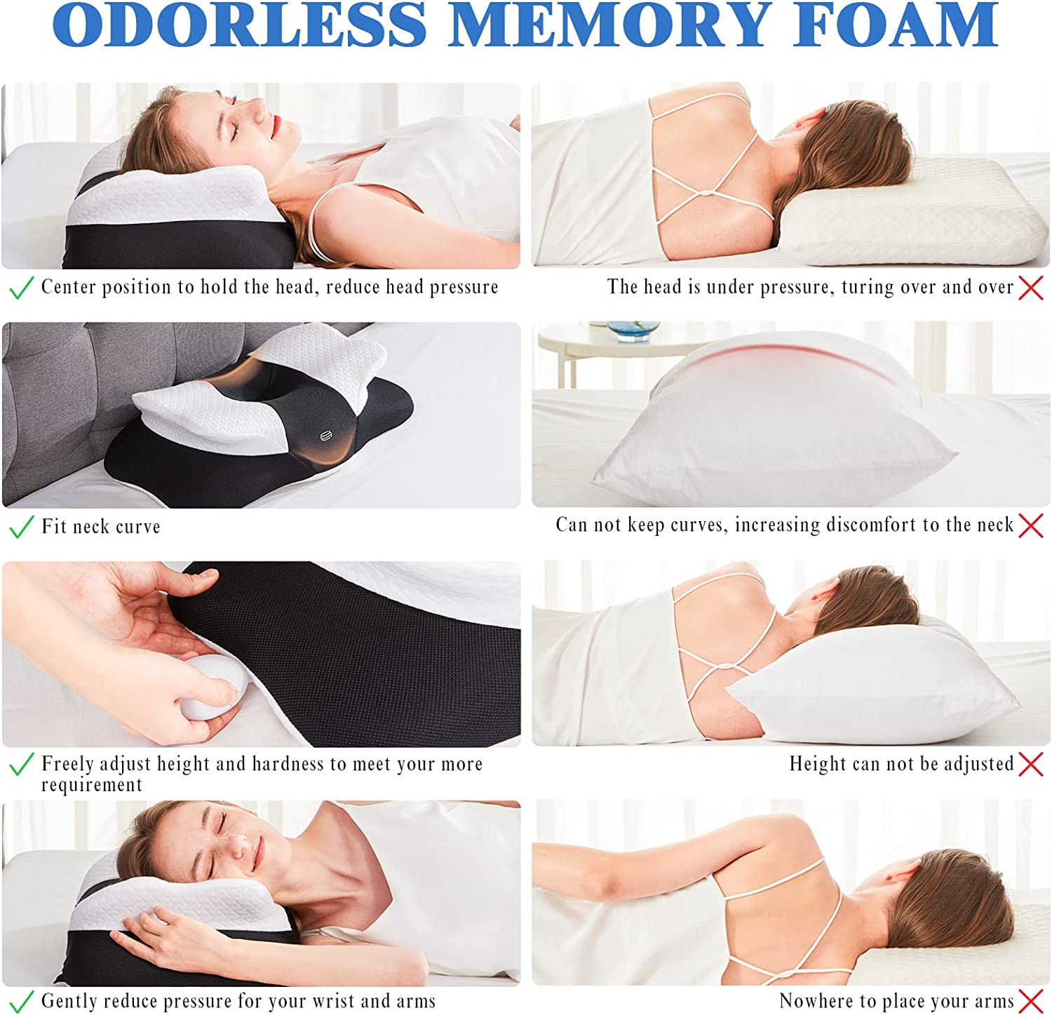 Cervical Memory Foam Pillows, Side Sleeper Pillow for Neck Shoulder Pain Relive Orthopedic Contour Ergonomic Inflatable Height Adjustable Pillows with Air Bag for Back Stomach Sleepers