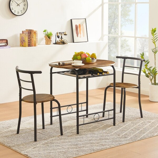 3-Piece Dining Set， Modern Wood Oval Table and 2 Chairs Set with Built-In Wine Rack