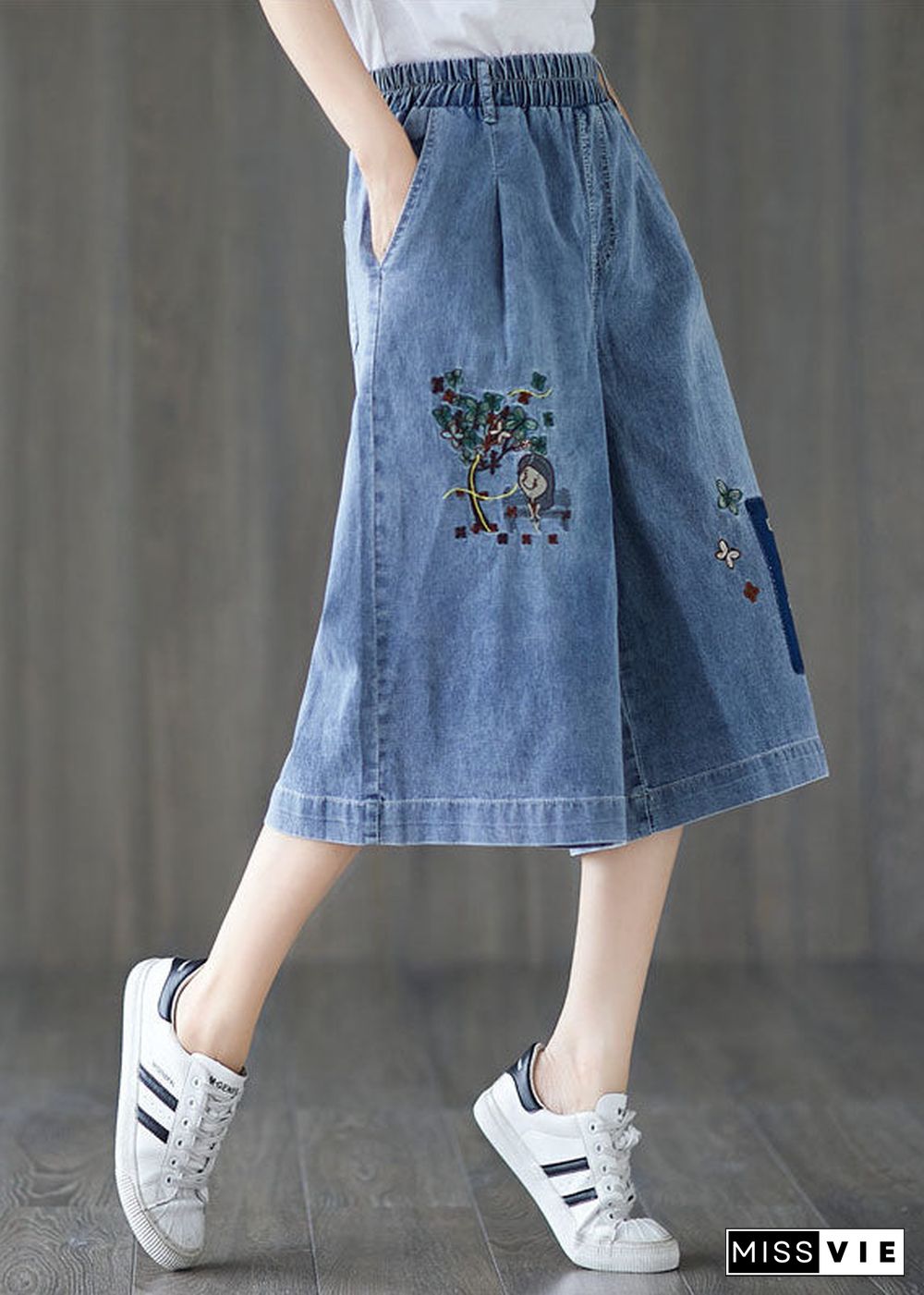 Elegant Denim Blue Elastic Waist Embroideried Cotton Wide Leg Pants Summer