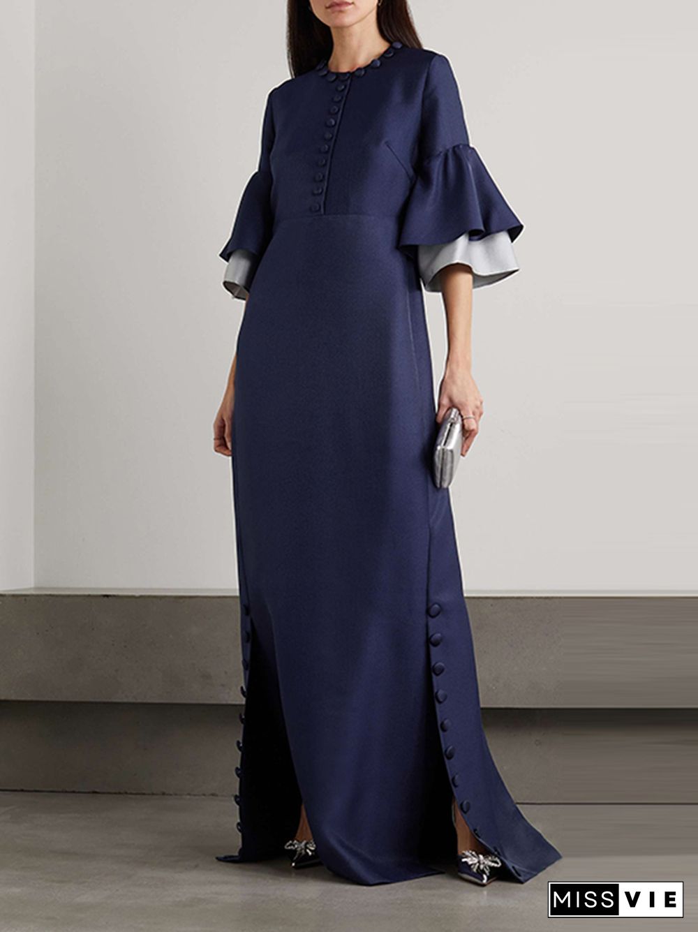 Flared Sleeves Half Sleeves Solid Color Round-Neck Maxi Dresses