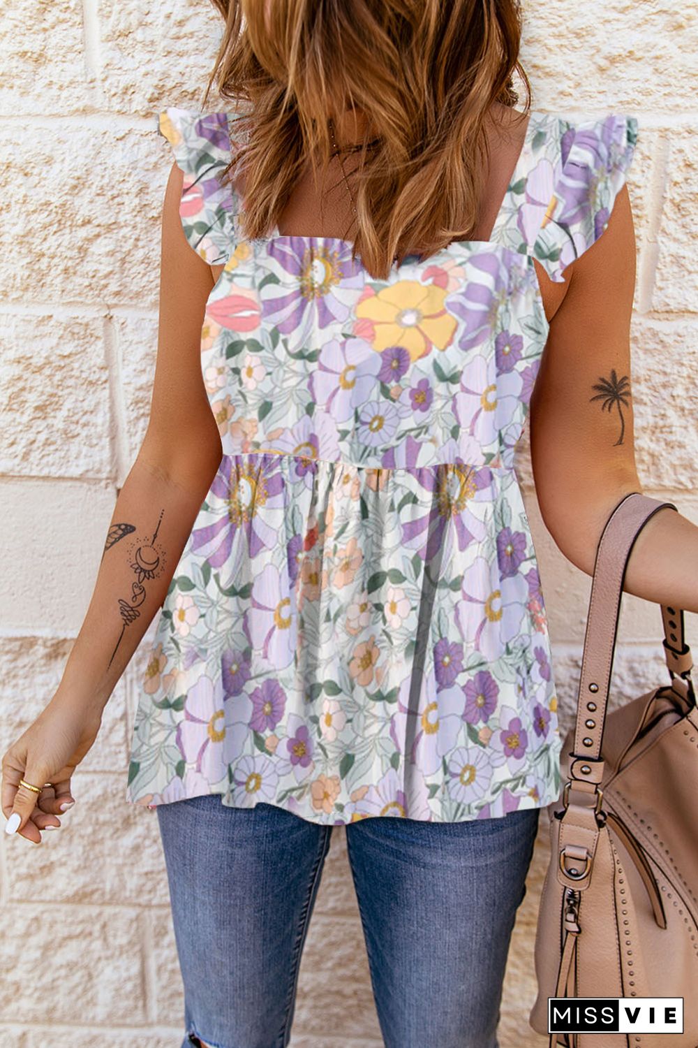 Purple Multicolor Flutter Floral Print Flowy Tank Top