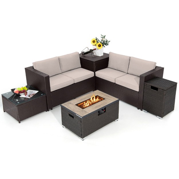 Tangkula 6 Piece Patio Sofa amp Fire Table Set Outdoor Rattan Sectional Sofa Set W Storage Box Beige