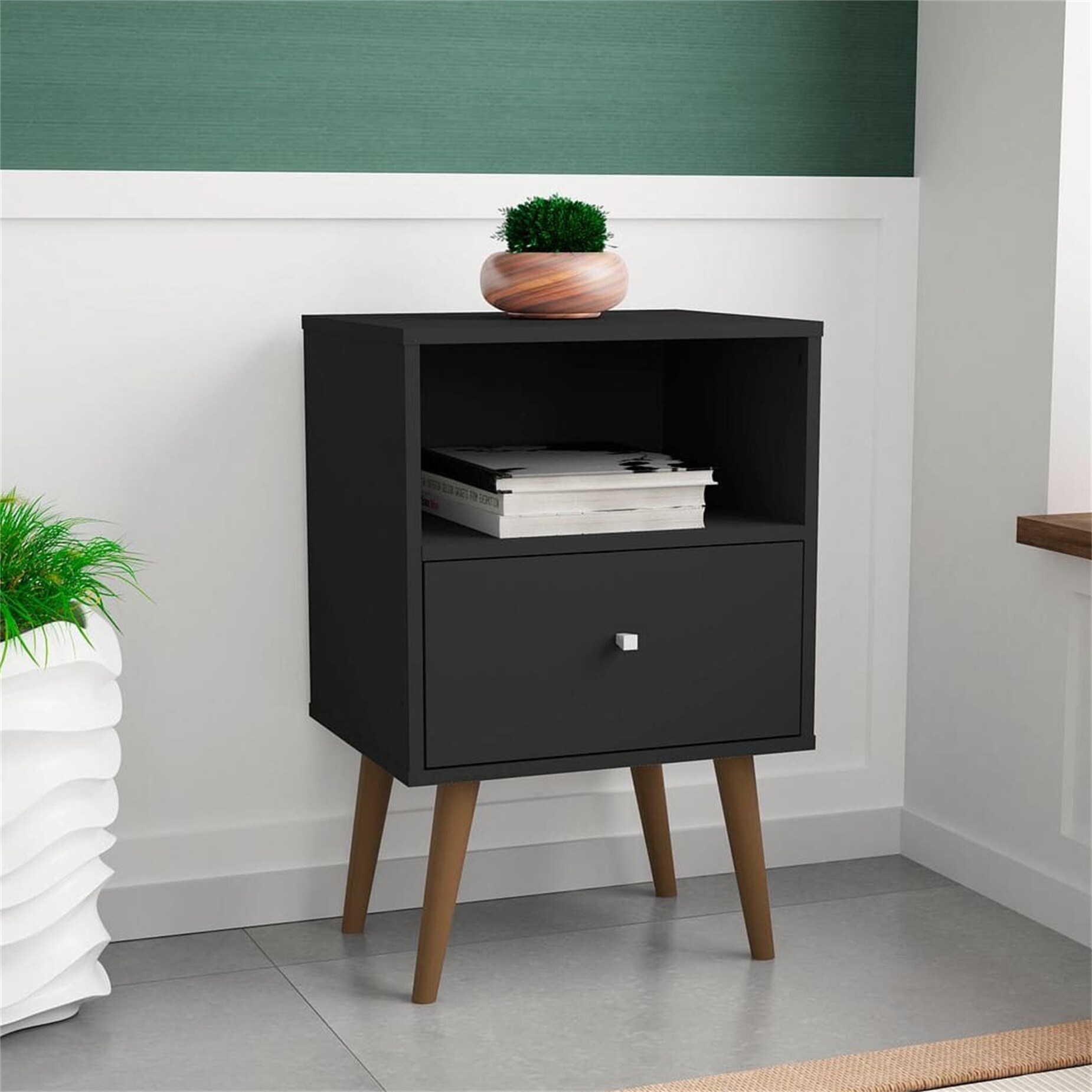 Mid-Century Modern Nightstand with 1 Cubby Space and 1 Drawer in Black - - 37165171