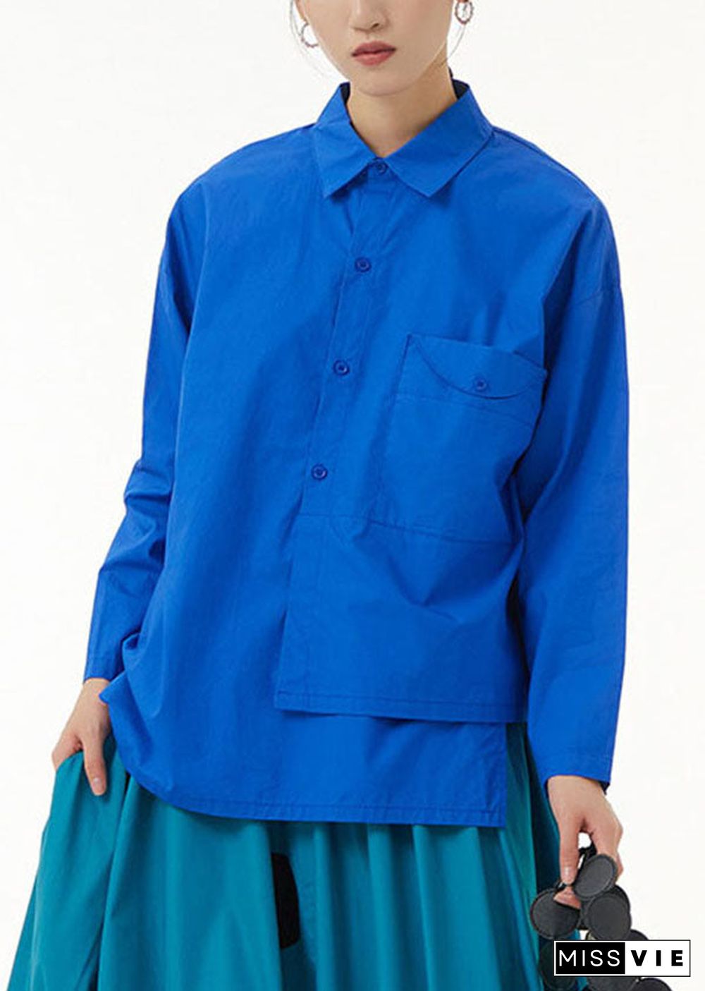 Casual Blue Asymmetrical Design Patchwork Cotton Shirts Top Long Sleeve