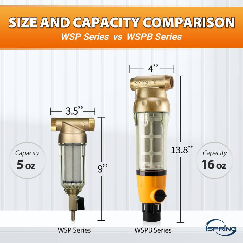 ISPRING WSP50B Large Whole House Spin-down Sediment Water Filtration System w Scraper and Brass Top Clear Housing 50 Micron WSP50B