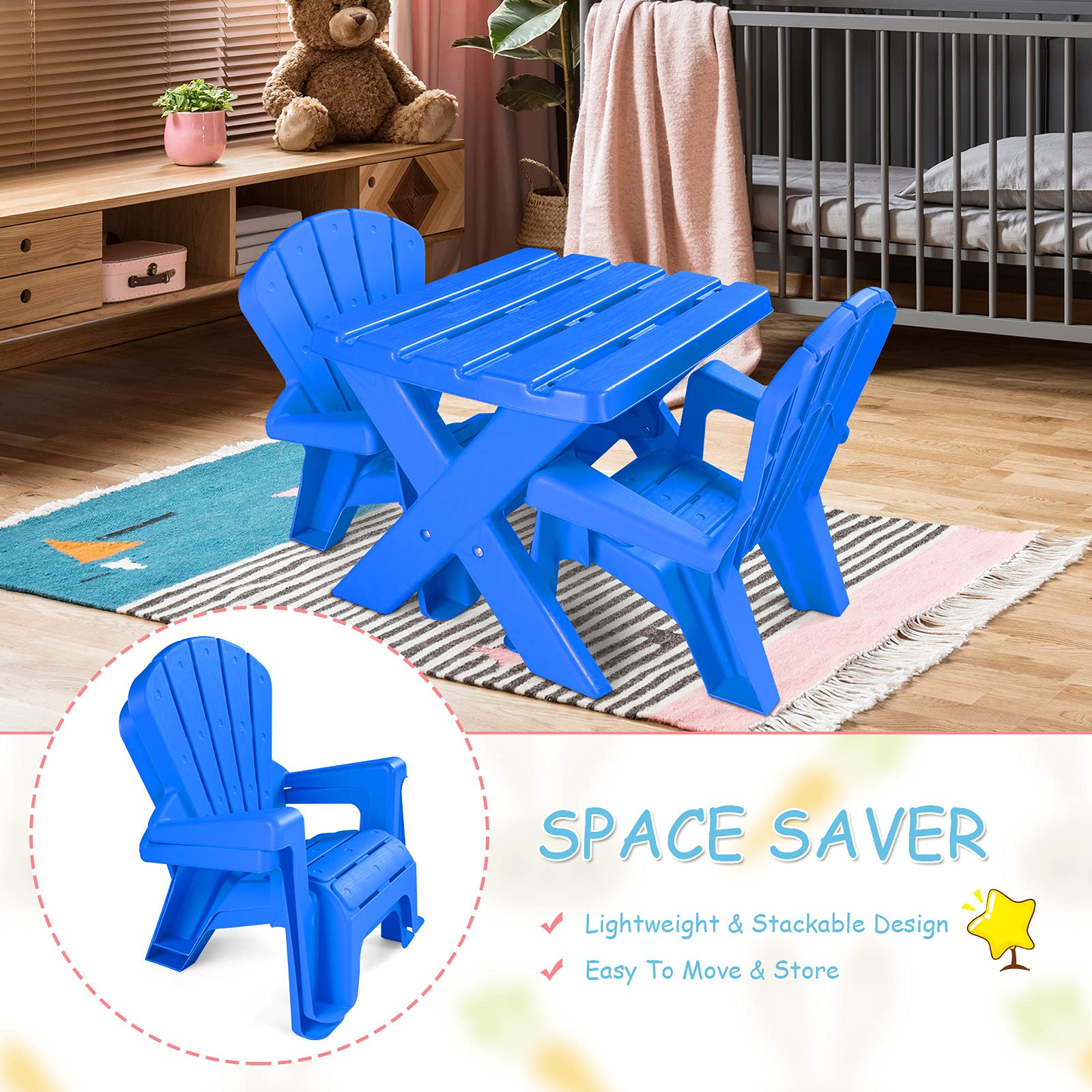 Costzon Kids Plastic Table and 2 Chairs Set, Adirondack Chair for Indoor & Outdoor Garden