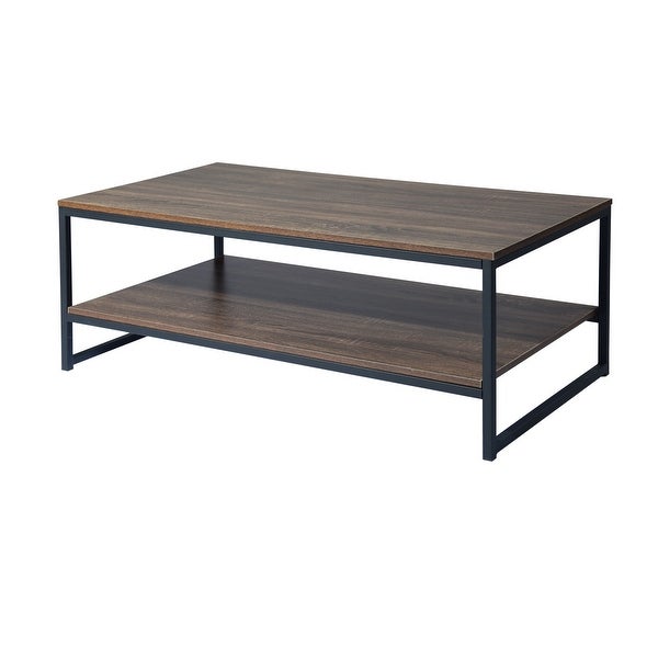 Retro Wood Coffee Table with Storage Shelf and Metal Frame