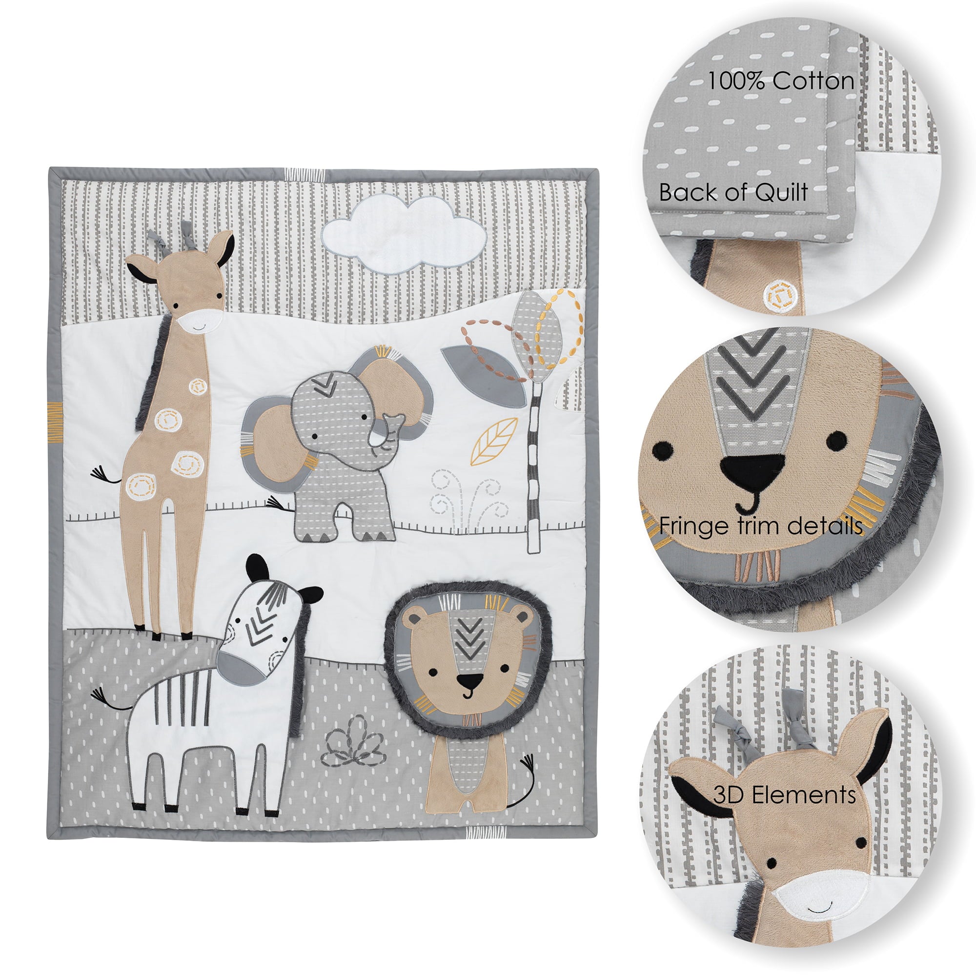 Lambs and Ivy Jungle Safari Gray/Tan/White Nursery 6-Piece Baby Crib Bedding Set