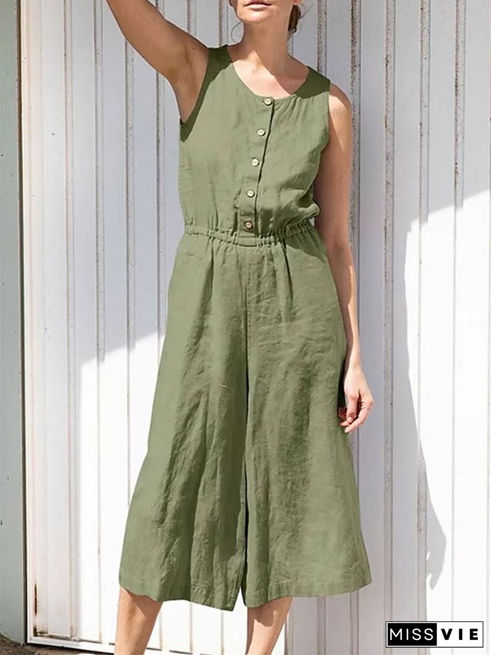 Sleeveless Solid Button Elastic Waist Cotton Linen Wide Leg Jumpsuit