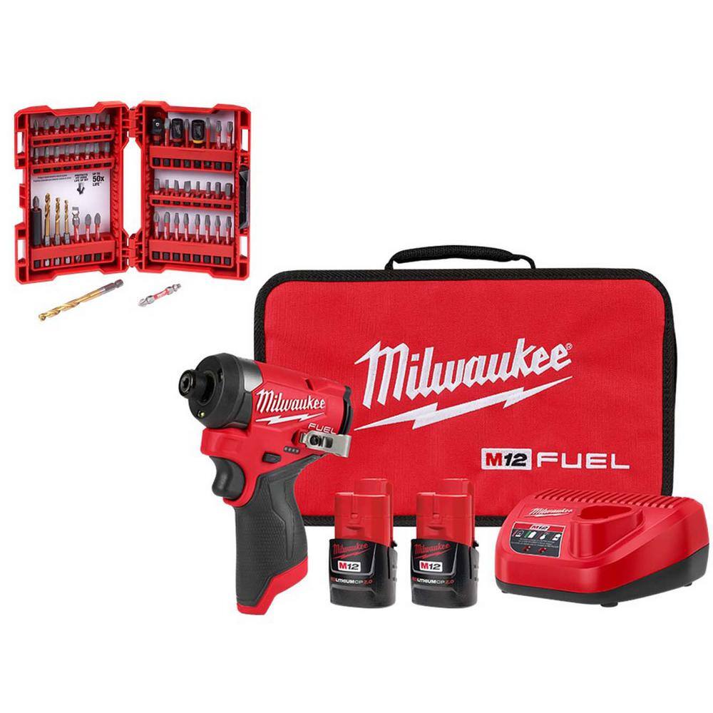 MW M12 FUEL 12-Volt Lithium-Ion Brushless Cordless 14 in. Impact Driver Kit with SHOCKWAVE Screw Driver Bit Set (50-Piece) 3453-22-48-32-4024