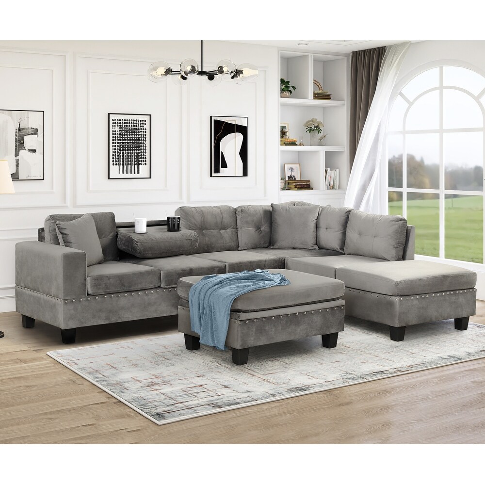 Modern Sectional Sofa with Storage Ottoman and Reversible Chaise L Shape Couch with Pillows and Cup Holder for Living Room  Gray