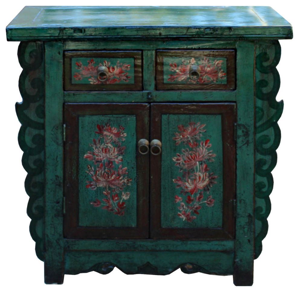 Chinese Distressed Green  ampBrown Flower Graphic Table Cabinet Hcs5948   Asian   Accent Chests And Cabinets   by Golden Lotus Antiques  Houzz