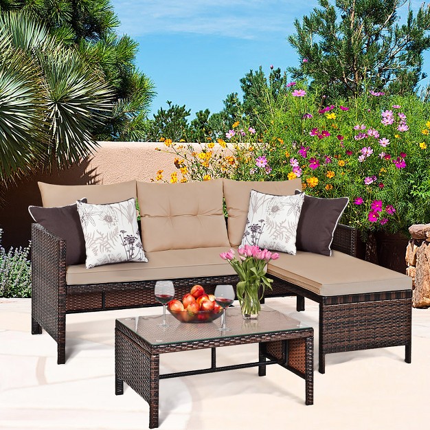 Costway 3pc Patio Sofa Set Outdoor Sectional Conversation Set Rattan Wicker