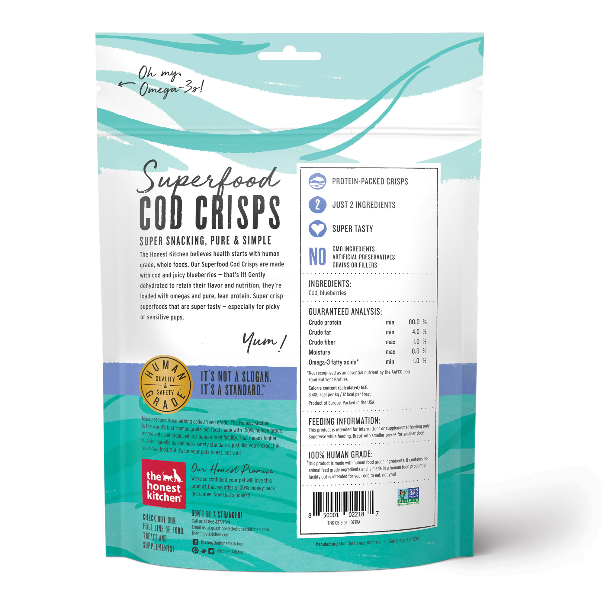 The Honest Kitchen Superfood Cod Crisps: Cod  Blueberry Dog Treats， 3 oz.