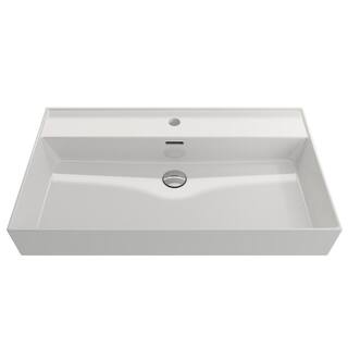 BOCCHI Milano Wall-Mounted White Fireclay Rectangular Bathroom Sink 32 in. 1-Hole with Overflow 1377-001-0126