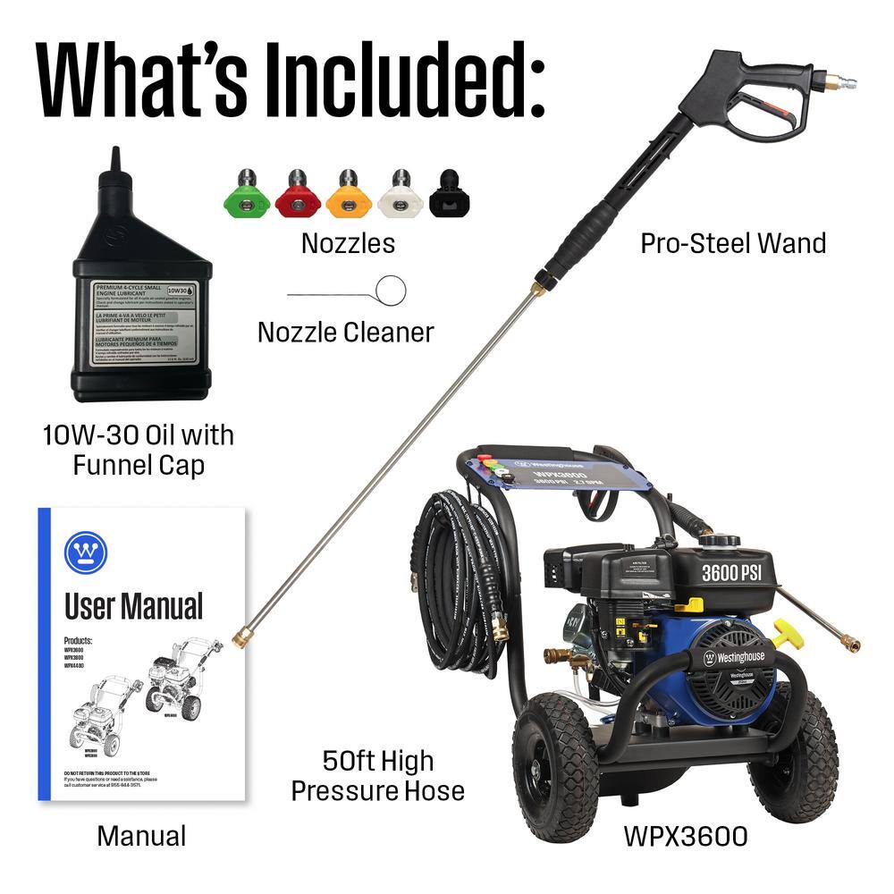 Westinghouse WPX 3600 PSI 2.7 GPM 212 CC Cold Water Gas Powered Triplex Pump Pressure Washer with 5 Quick Connect Nozzles WPX3600