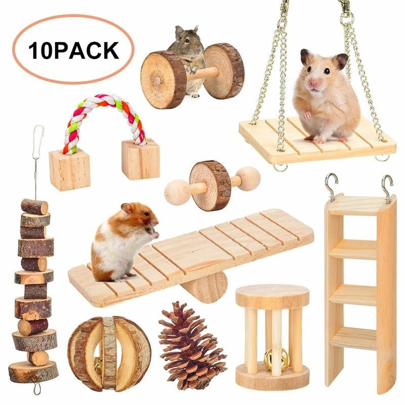 Hamster Chew Toys Natural Wooden Dumbbells Exercise Bell Roller Teeth Care Molar Toy for Rabbits Bird Bunny