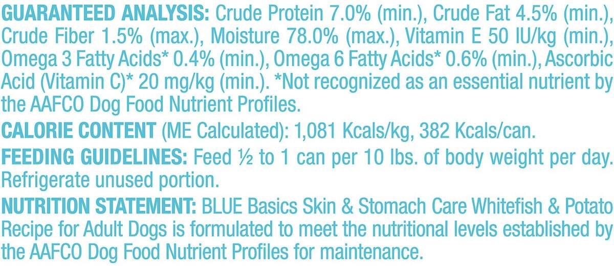 Blue Buffalo Basics Skin and Stomach Care Grain-Free Whitefish Entrée Adult Canned Dog Food， 12.5-oz can， case of 12