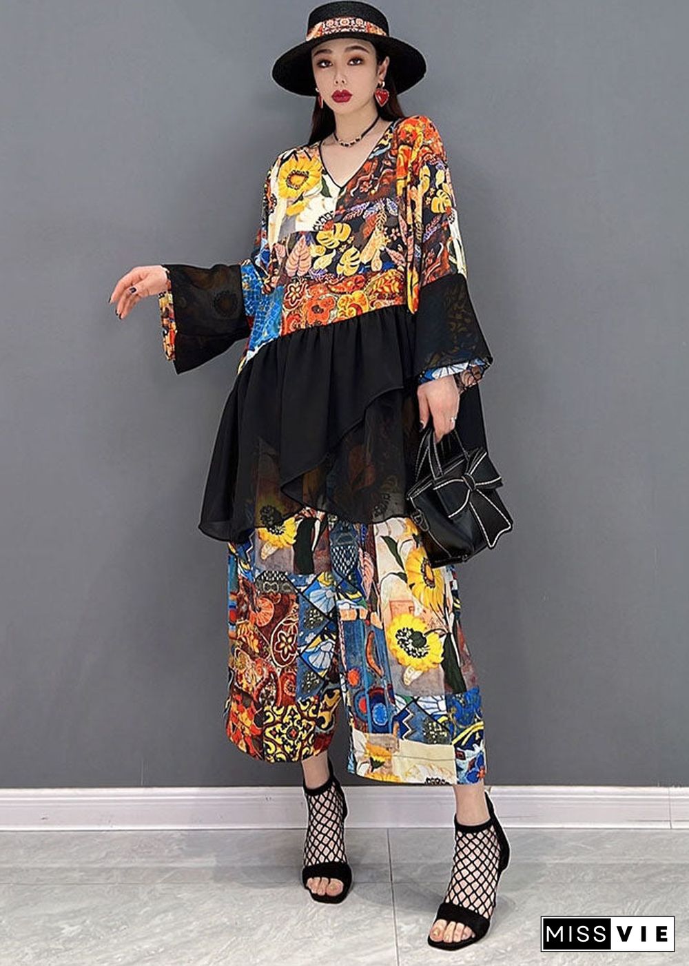 Women Colorblock Asymmetrical Print Tulle Patchwork Tops And Pants Two Piece Set Women Clothing Long Sleeve