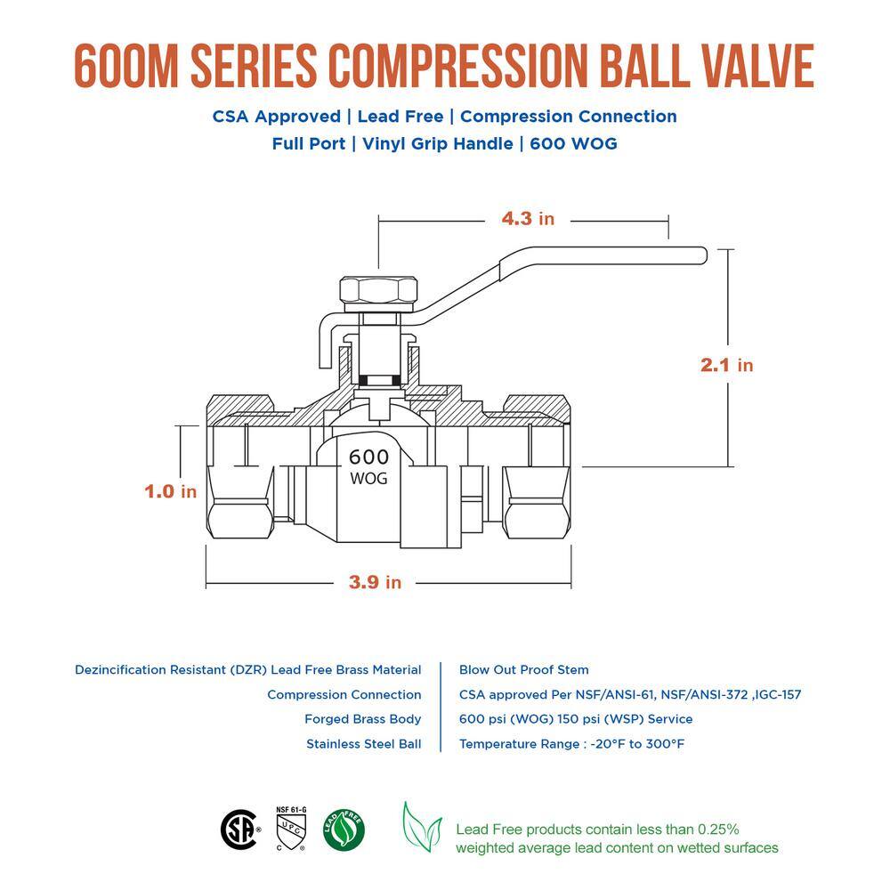 The Plumber's Choice 1 in. Premium Brass Full Port Ball Valve with Compression Connections M822223