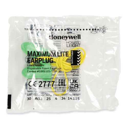 Howard Leight LPF-30 Max Lite Single-Use Earplugs， Corded， 30NRR， Green， 100 Pairs