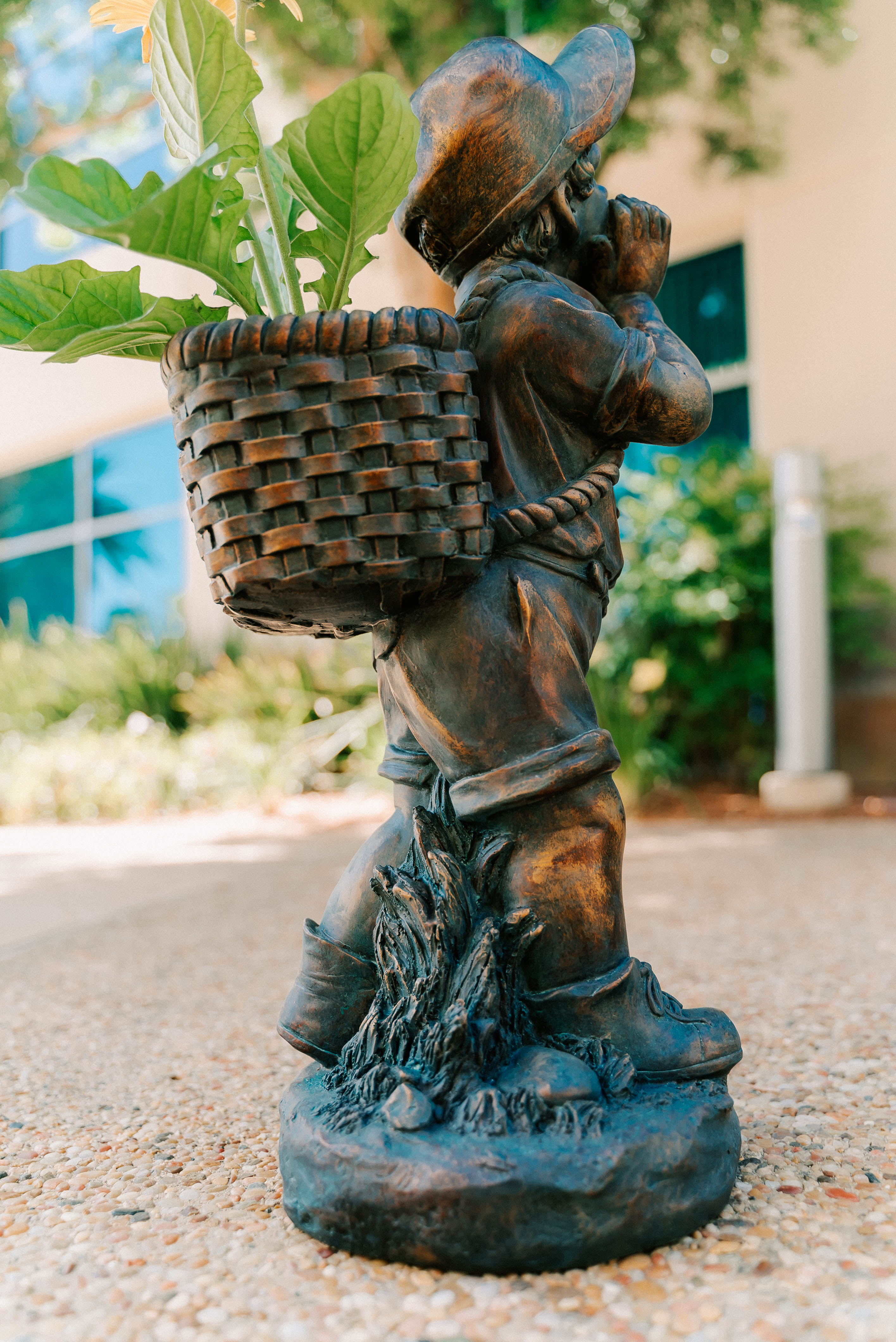 XBrand 24" H Faux Bronze Magnesium Oxide Walking Boy Garden Statue w/Small Flower Plant Pot, Outdoor Décor, Natural Design Sculpture