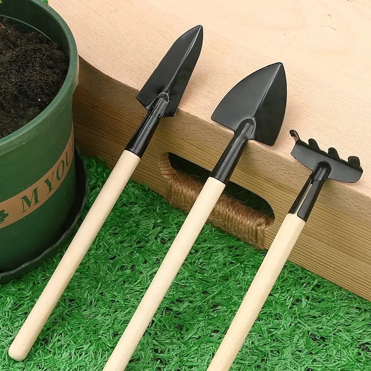 Heavy Duty 3Pcs Mini Gardening Hand Tool Kit with Wooden Handle for Transplanting Cultivating Weeding Plants