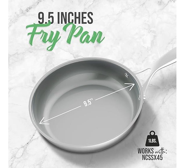 Nutrichef 9 5 x27 x27 Large Fry Pan Frypan Interior Coated With Durable Ceramic Non stick Coating Stainless Steel