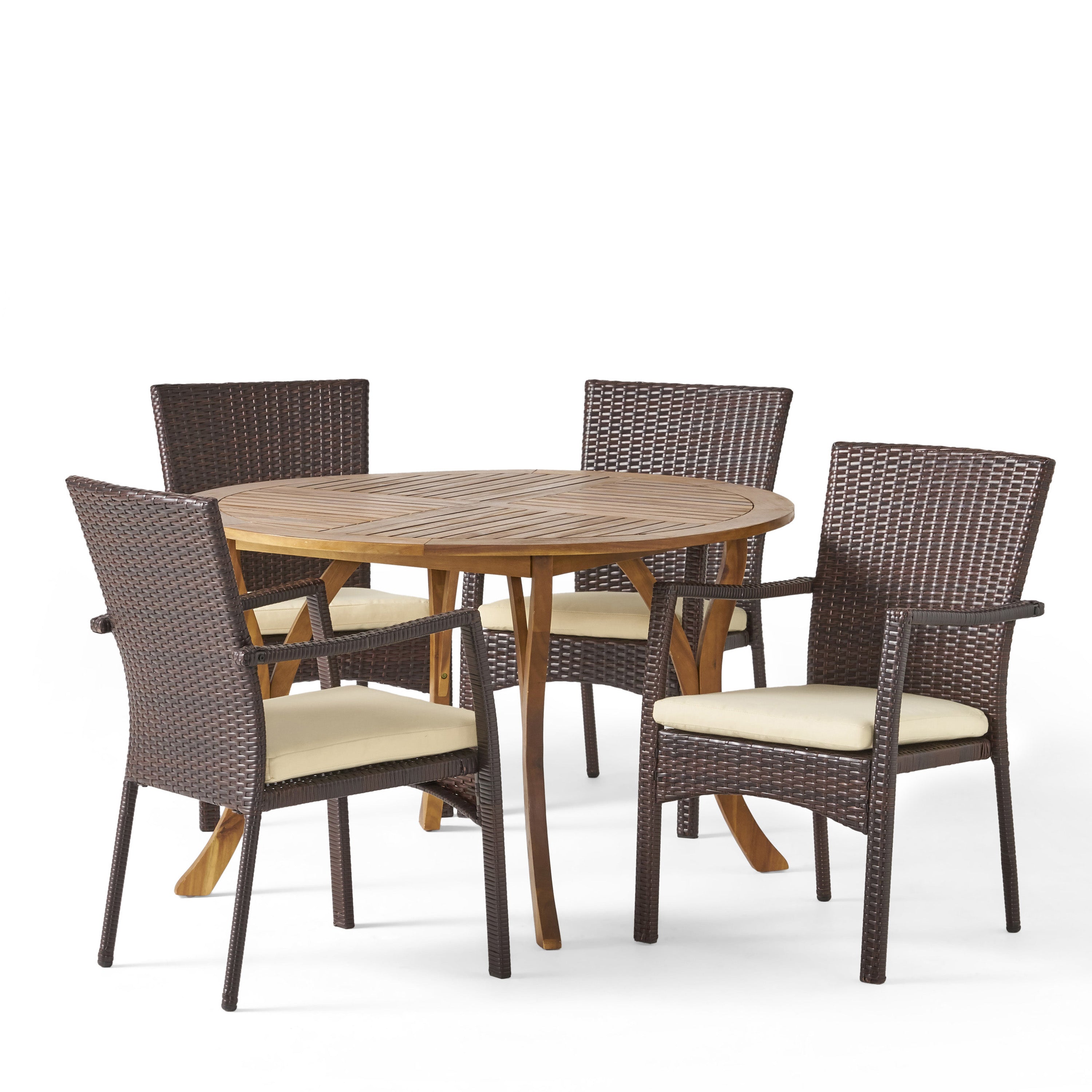 Baldry Outdoor 5 Piece Acacia Wood and Wicker Dining Set