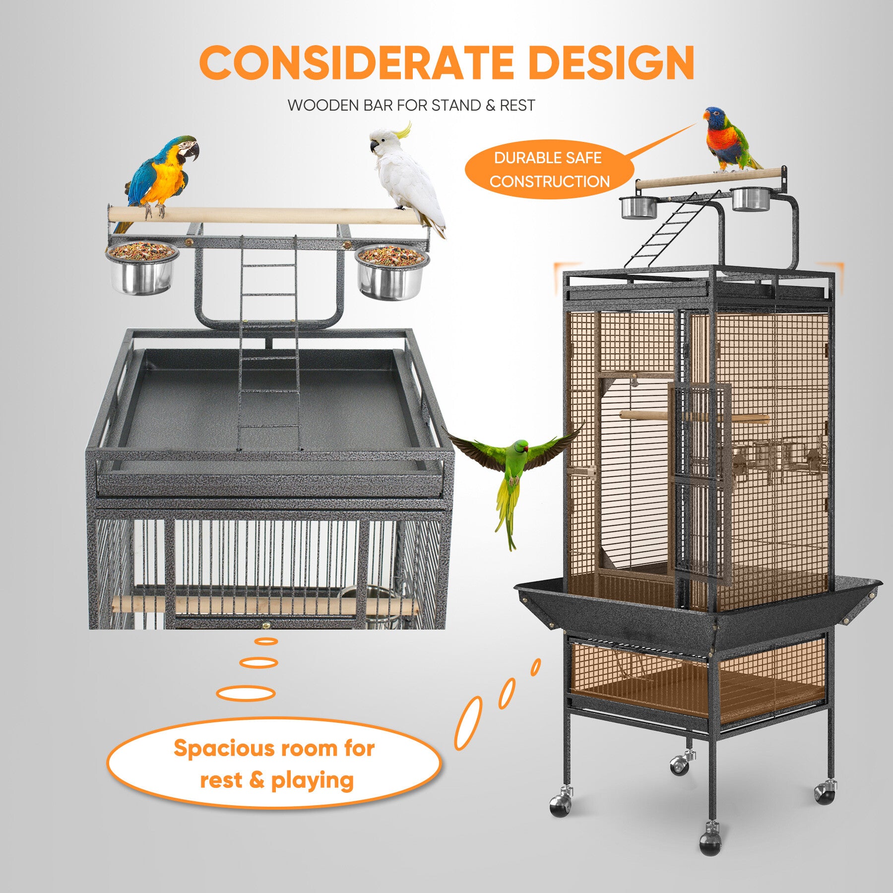 HomGarden 61/68-inch 2in1 Large Bird Cage Play Top W/Rolling Stand for Medium Parrot Bird